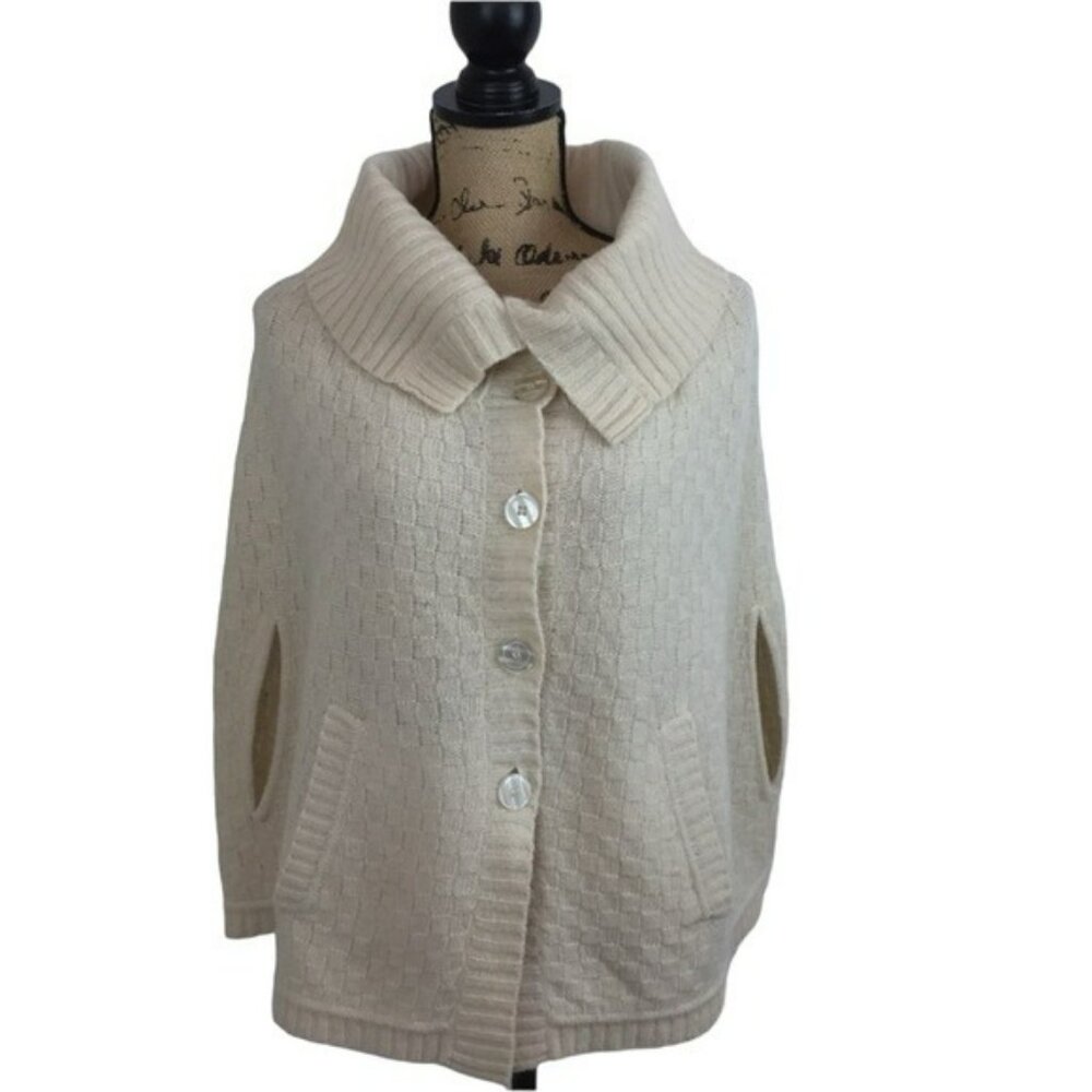Talbots Womens S/M Cream Knit Poncho Sweater Coat With Pockets & Button Front